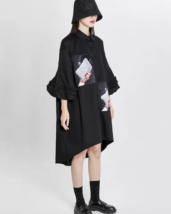 Loose High-Low Irregular Applique Shirt Dress Midi Dress