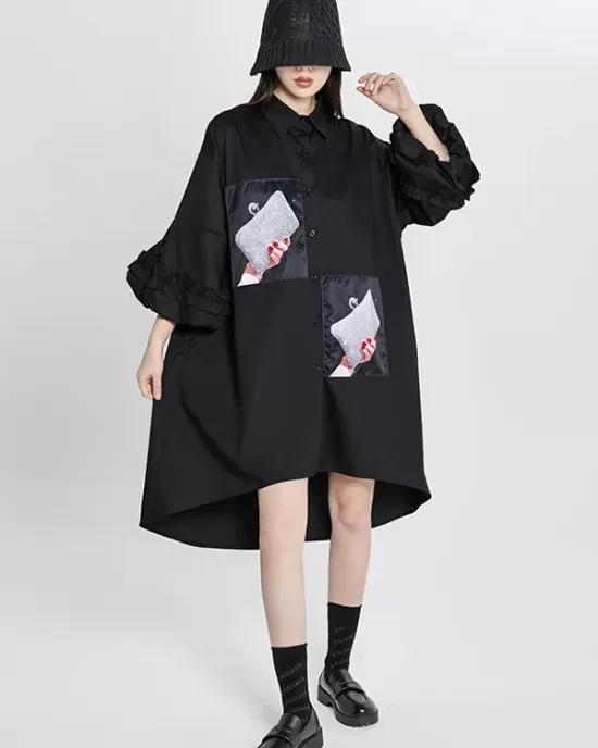 Loose High-Low Irregular Applique Shirt Dress Midi Dress