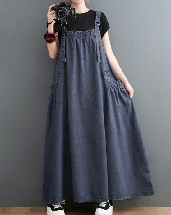 Vintage Loose Artistic Retro Solid Color Strap Denim Midi Dress