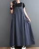 Vintage Loose Artistic Retro Solid Color Strap Denim Midi Dress