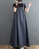 Vintage Loose Artistic Retro Solid Color Strap Denim Midi Dress