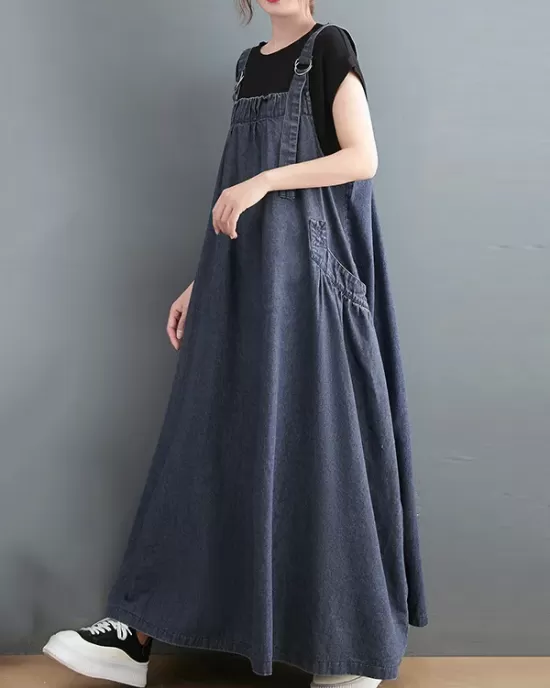 Vintage Loose Artistic Retro Solid Color Strap Denim Midi Dress