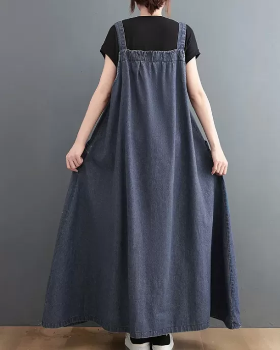 Vintage Loose Artistic Retro Solid Color Strap Denim Midi Dress