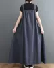 Vintage Loose Artistic Retro Solid Color Strap Denim Midi Dress