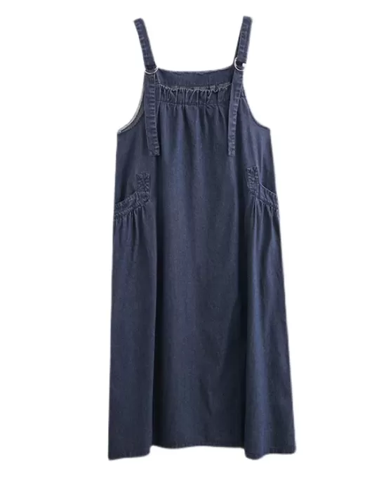 Vintage Loose Artistic Retro Solid Color Strap Denim Midi Dress