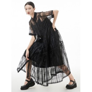 Original Solid Color Hollow See-Through Thin Midi Dress