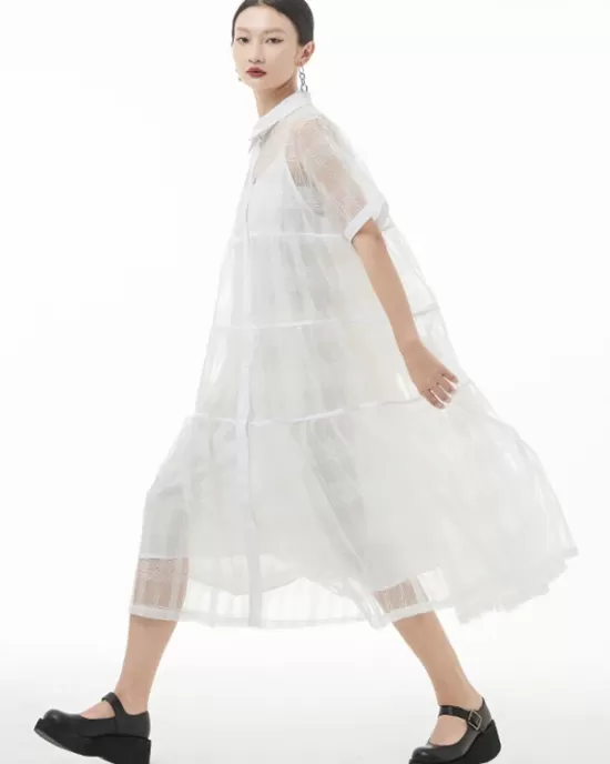 Original Solid Color Hollow See-Through Thin Midi Dress