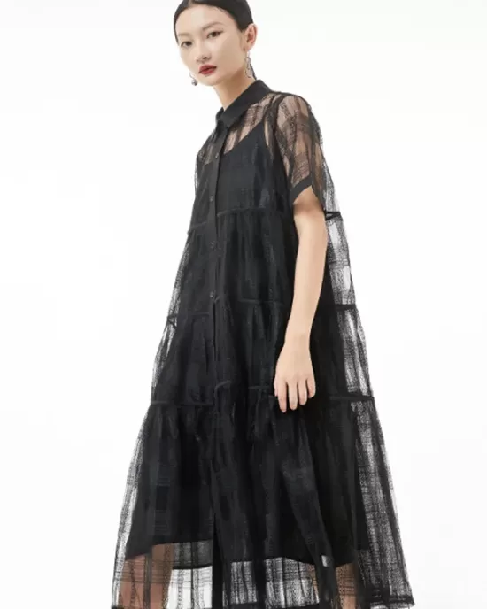 Original Solid Color Hollow See-Through Thin Midi Dress