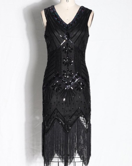 Evening H-Line Beads Sequined Tasseled Midi Dresses