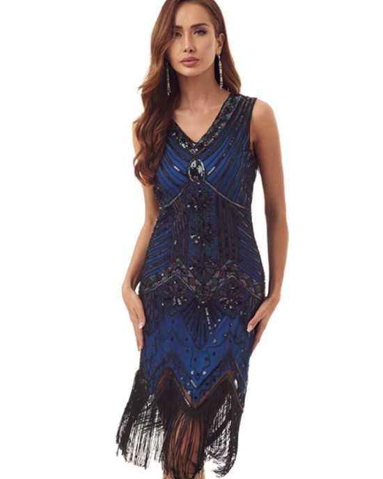 Evening H-Line Beads Sequined Tasseled Midi Dresses