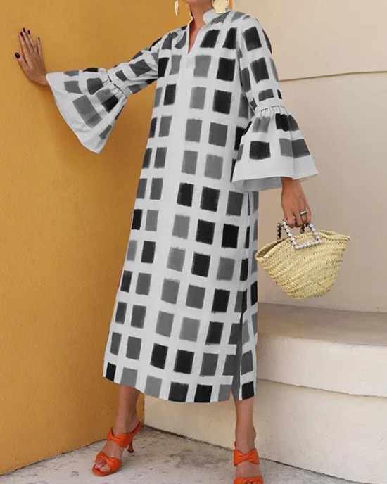 Original Flared Sleeves Split-Joint Multi-Colored Plaid Midi Dress