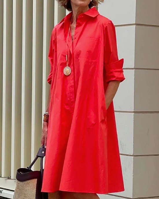 Simple Long Sleeves Solid Color Lapel Midi Dress