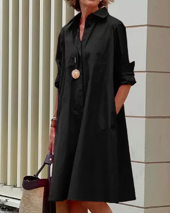 Simple Long Sleeves Solid Color Lapel Midi Dress