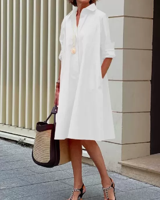 Simple Long Sleeves Solid Color Lapel Midi Dress