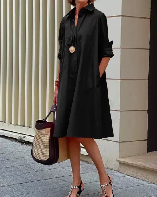 Simple Long Sleeves Solid Color Lapel Midi Dress