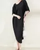 Stylish Irregularity Loose Pleated Solid Color Round-Neck Midi Dresses