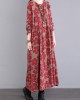 Casual Long Sleeves Loose Floral Printed Round-Neck Midi Dresses