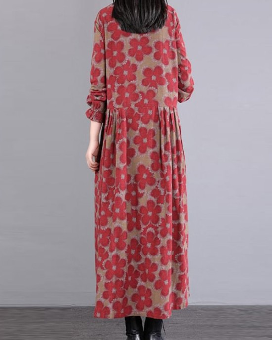 Casual Long Sleeves Loose Floral Printed Round-Neck Midi Dresses