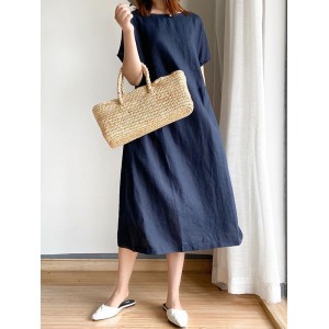 Casual Loose Solid Color Round-Neck Midi Dresses