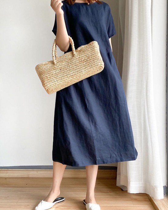 Casual Loose Solid Color Round-Neck Midi Dresses