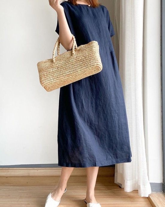 Casual Loose Solid Color Round-Neck Midi Dresses