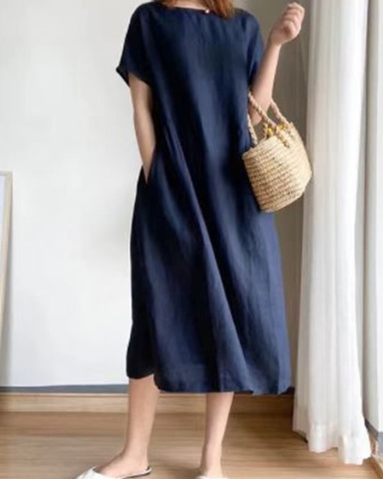 Casual Loose Solid Color Round-Neck Midi Dresses