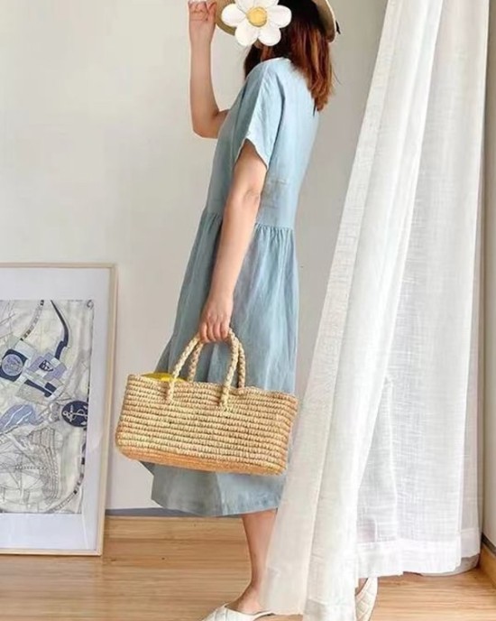 Casual Loose Solid Color Round-Neck Midi Dresses