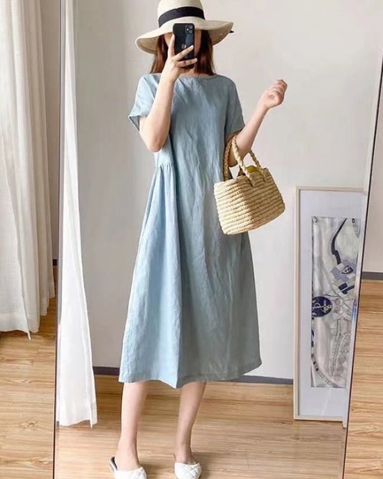 Casual Loose Solid Color Round-Neck Midi Dresses