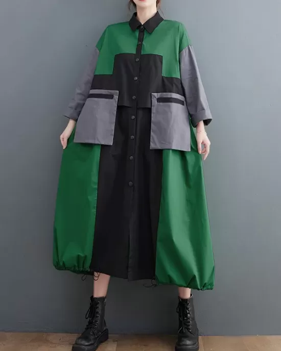 Vintage Loose Long Sleeves Contrast Color Polo Midi Dresses