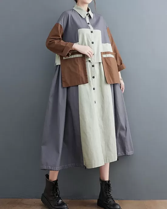 Vintage Loose Long Sleeves Contrast Color Polo Midi Dresses