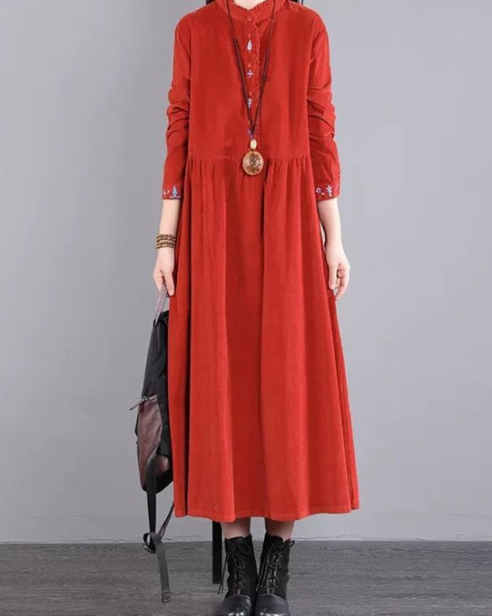 Vintage Corduroy Long Sleeves A-Line Embroidered Solid Round-Neck Midi Dresses