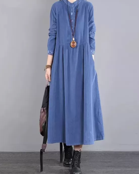 Vintage Corduroy Long Sleeves A-Line Embroidered Solid Round-Neck Midi Dresses