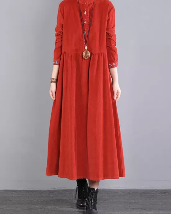 Vintage Corduroy Long Sleeves A-Line Embroidered Solid Round-Neck Midi Dresses