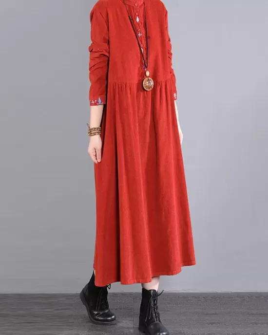 Vintage Corduroy Long Sleeves A-Line Embroidered Solid Round-Neck Midi Dresses