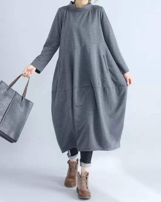 Casual Loose Plus Size Solid Color Hooded Midi Dresses