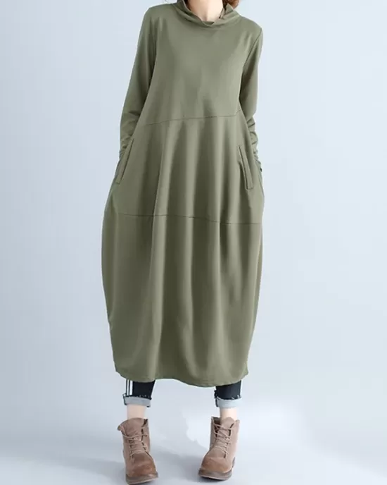 Casual Loose Plus Size Solid Color Hooded Midi Dresses