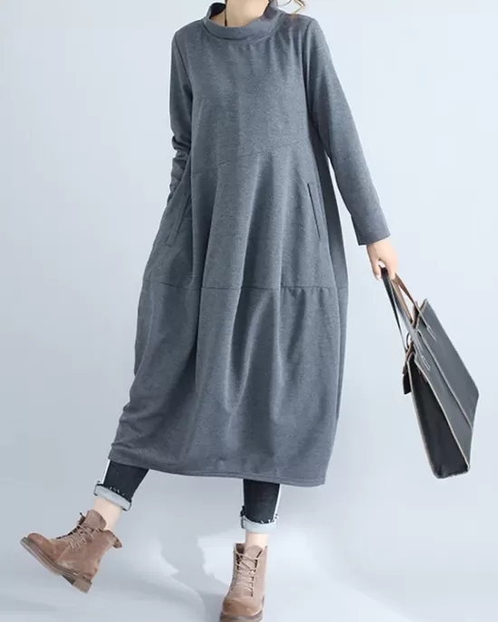 Casual Loose Plus Size Solid Color Hooded Midi Dresses