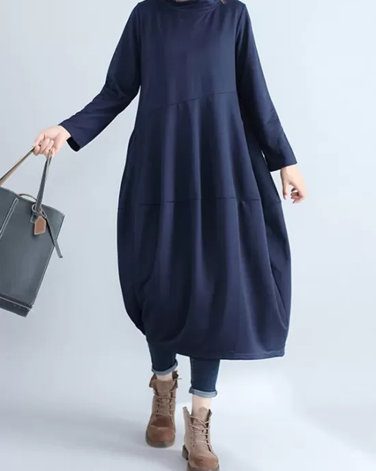 Casual Loose Plus Size Solid Color Hooded Midi Dresses