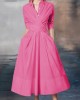 Stylish A-Line Long Sleeves Pleated Solid Color Lapel Midi Dresses