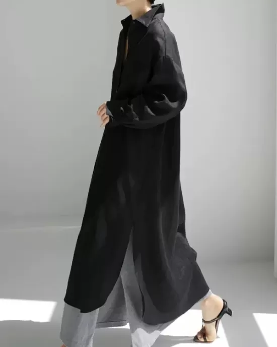 Simple Long Sleeves Split-Side Solid Color Lapel Midi Dresses Shirt Dress