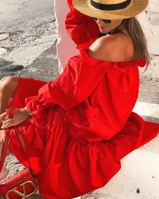 Loose Irregularity Falbala Solid Color Off-The-Shoulder Midi Dresses