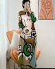 Original Loose Long Sleeves Cartoon Face Printed Contrast Color Pleated Round-Neck Midi Dresses