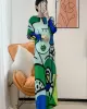 Original Loose Long Sleeves Cartoon Face Printed Contrast Color Pleated Round-Neck Midi Dresses