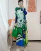 Original Loose Long Sleeves Cartoon Face Printed Contrast Color Pleated Round-Neck Midi Dresses