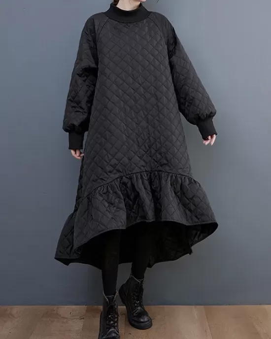 Casual Long Sleeves A-Line Rhombic Falbala High-Neck Midi Dresses