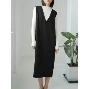 Casual A-Line Sleeveless Solid Color V-Neck Midi Dresses