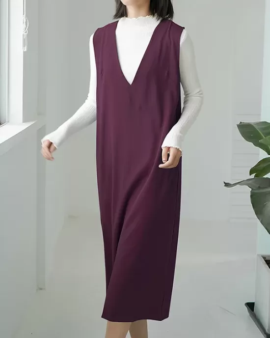 Casual A-Line Sleeveless Solid Color V-Neck Midi Dresses