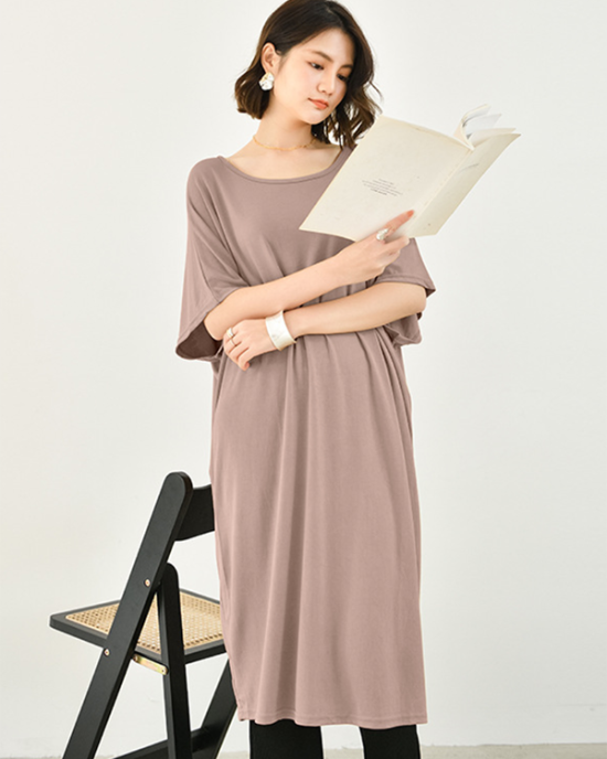 Casual Batwing Half Sleeves Solid Color Round-Neck Midi Dresses