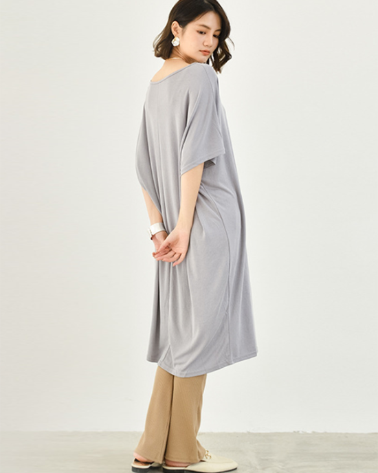 Casual Batwing Half Sleeves Solid Color Round-Neck Midi Dresses