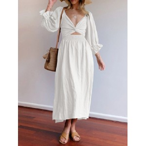 Original A-Line Loose Hollow Solid Color V-Neck Midi Dresses